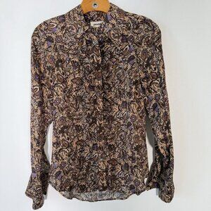 Zadig & Voltaire Tuska Satin Thorn Floral Button Down Shirt Ruffle Retro Boho S